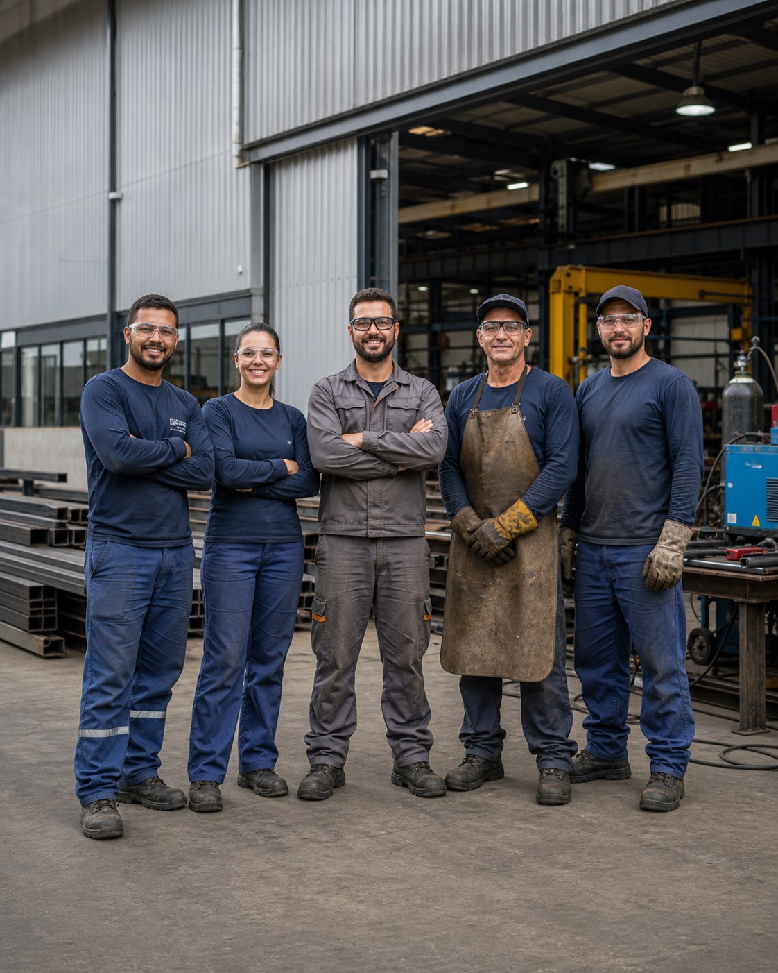 Equipe da MBRAX em frente ao galpão industrial com estruturas metálicas ao fundo