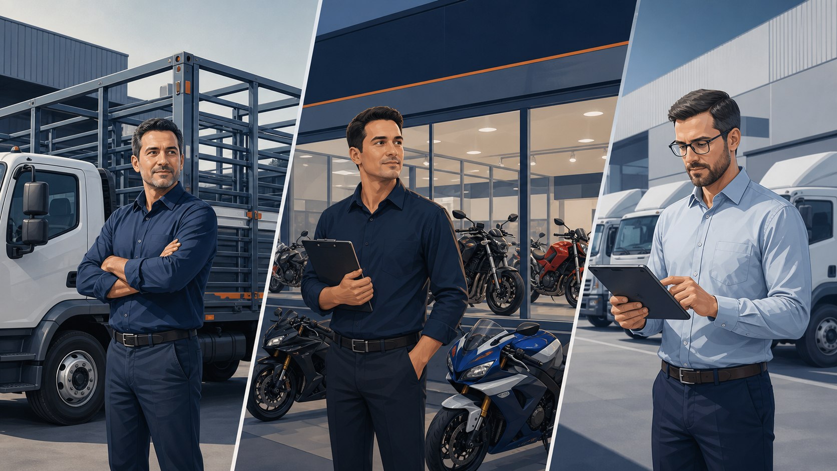 Ilustração de segmentos B2B atendidos pela MBRAX, incluindo transportadora, concessionária de motos e frota corporativa