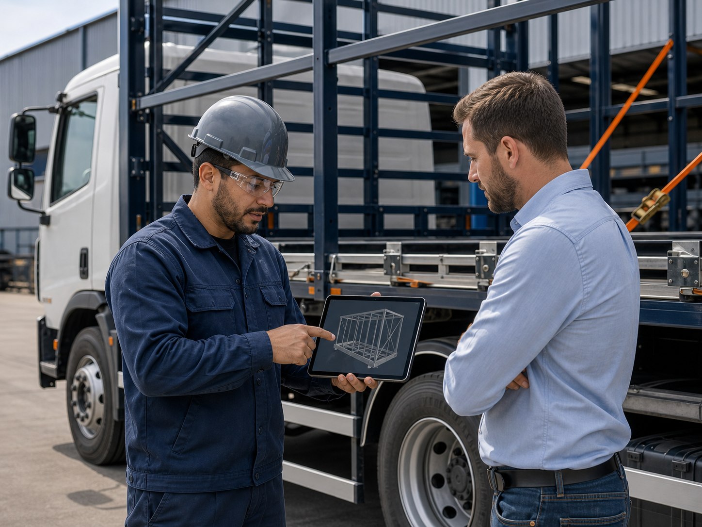 Técnico apresentando projeto de estrutura metálica em tablet para cliente ao lado de caminhão adaptado