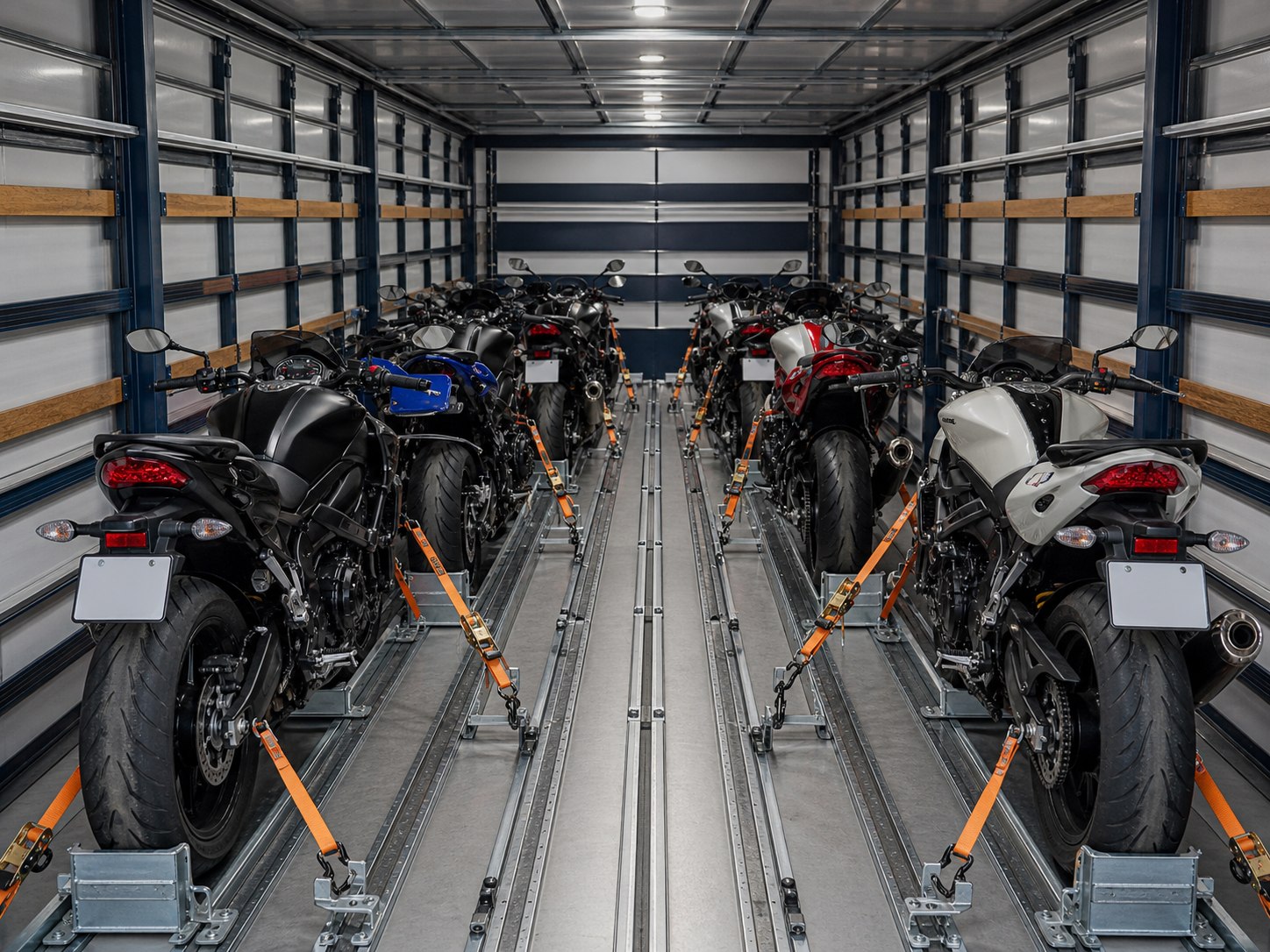 Caminhão equipado com estrutura metálica para transporte seguro de várias motocicletas, com trilhos e presilhas visíveis