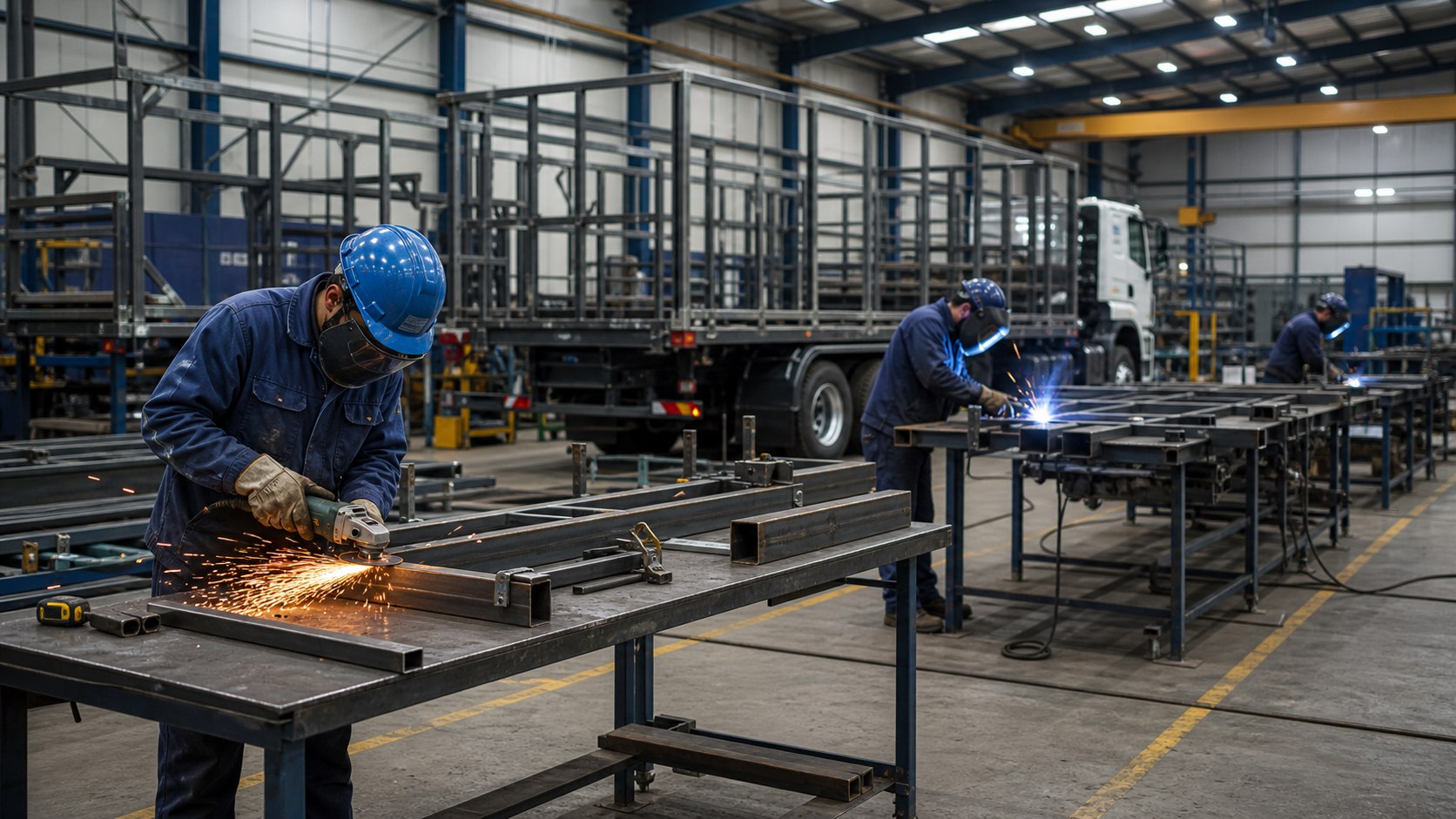 Oficina metalúrgica organizada com trabalhadores fabricando estruturas de aço para caminhões e plataformas de carga